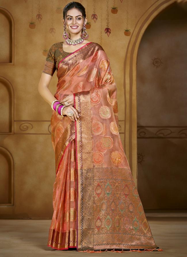 Organza Pink Festival Wear Weaving Saree